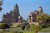 Khajuraho - Jagadambi temple and Kandariya Mahadeva temple on the same platform with the smaller Mahadeva temple in between